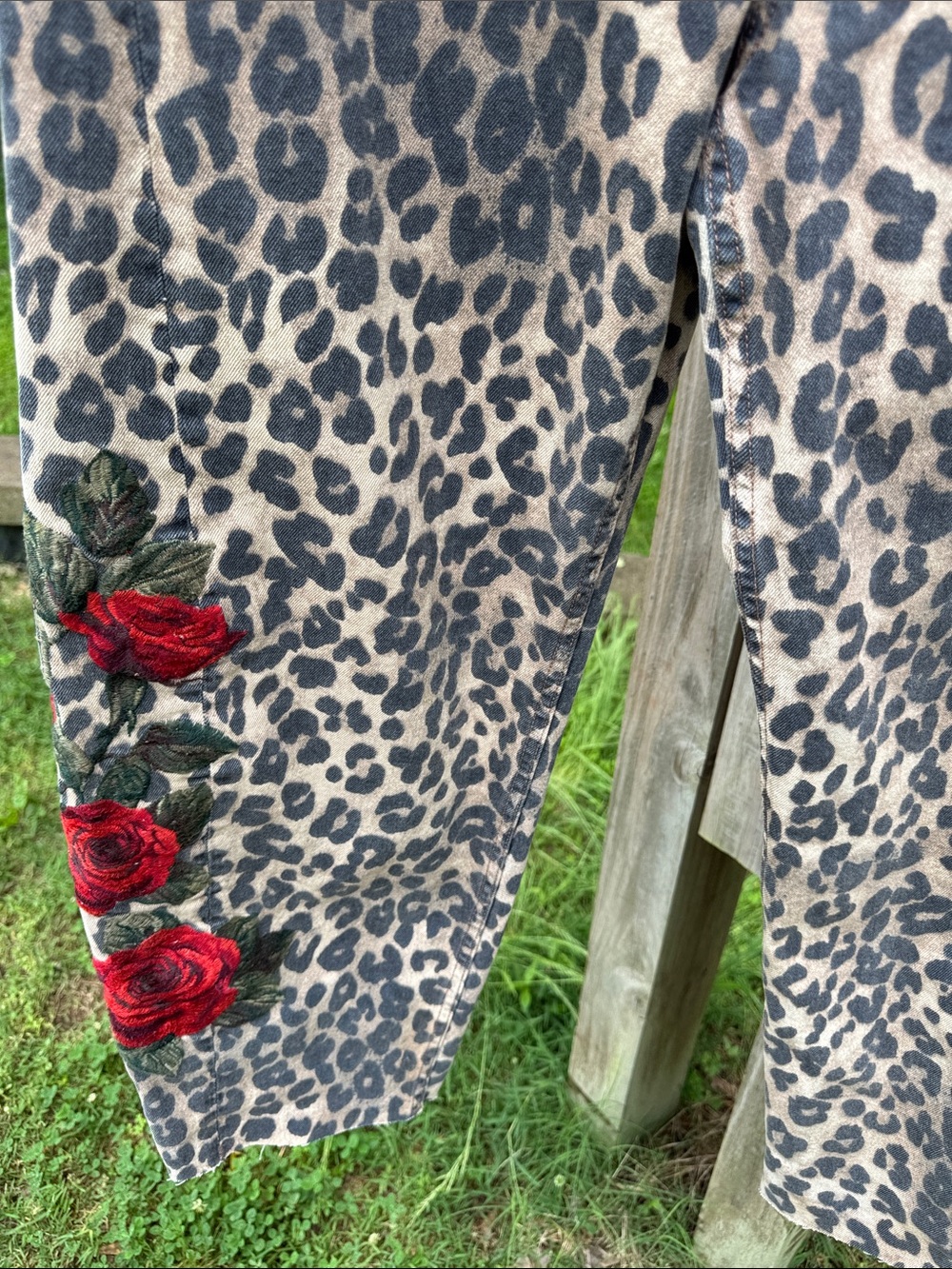DRIFTWOOD Leopard Print Straight Leg Jeans with Red Rose Embroidery - Picture 8 of 10